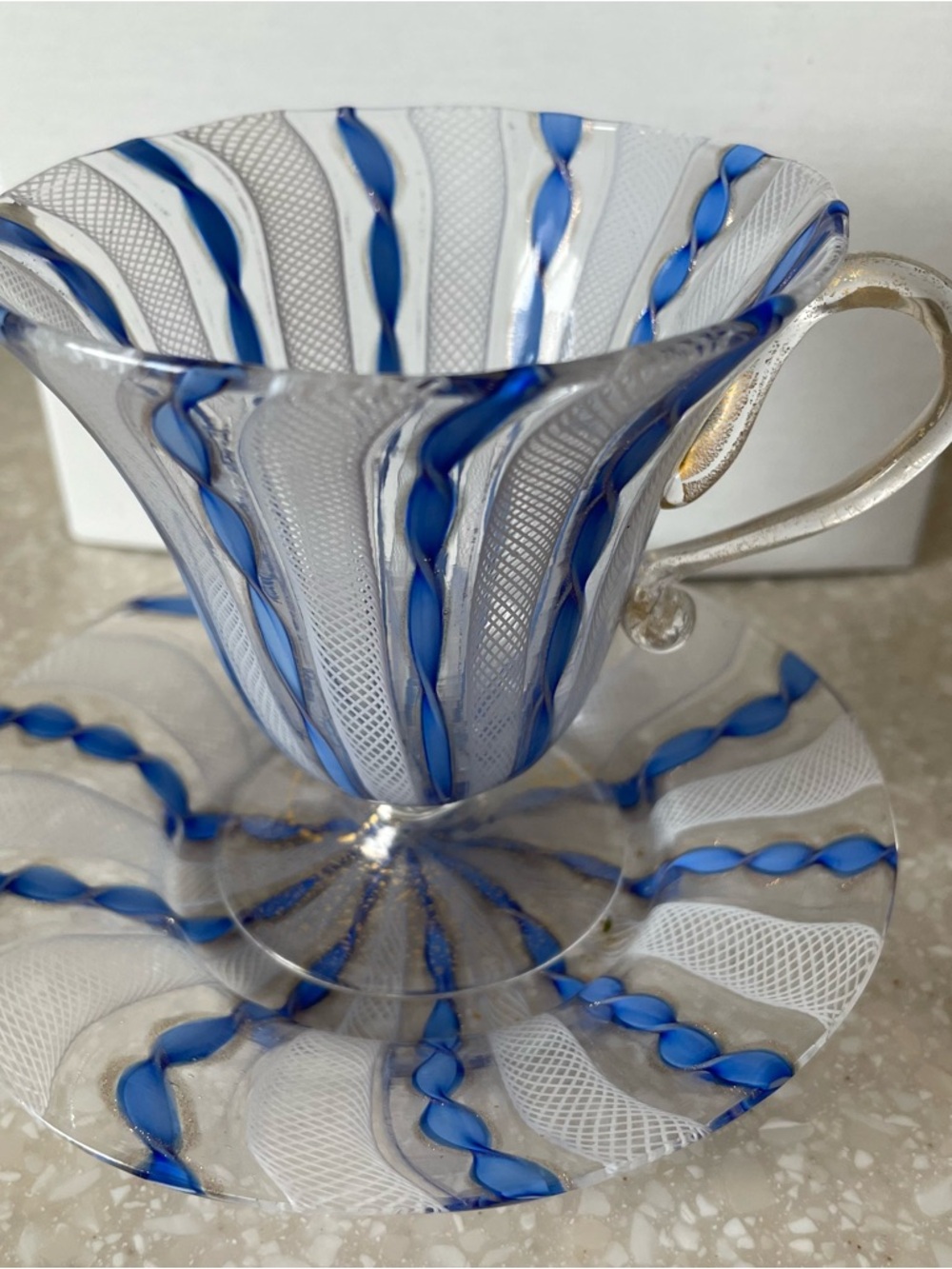 VTG Murano White Latticino Blue Gold Ribbon Art Glass Handkerchief Teacup Saucer